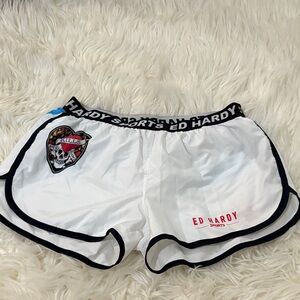 Ed Hardy Women's White Athletic Shorts with Black Trim
